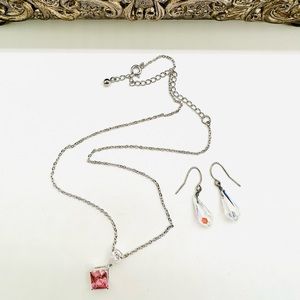 Pink CZ pendant Silver Necklace & Crystal Earrings